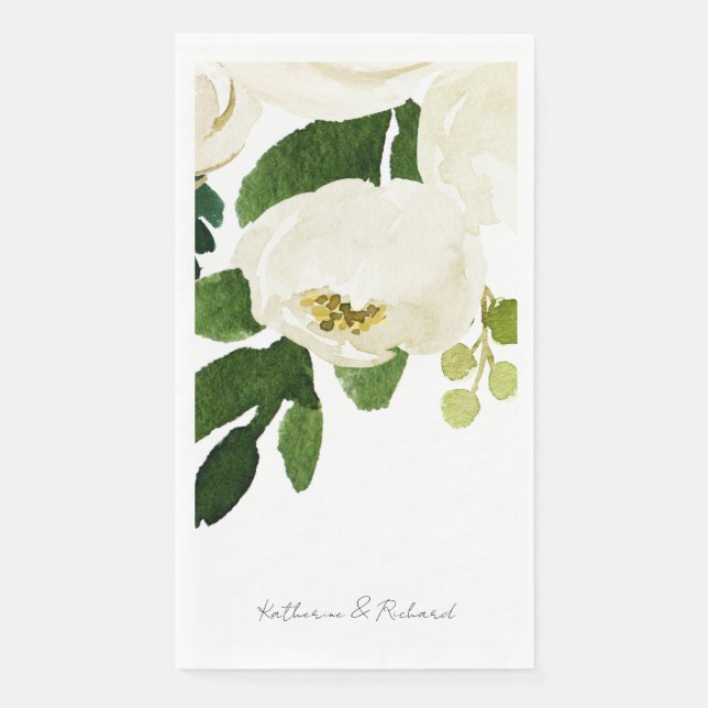 Elegant White Rose Script Personalized Paper Guest Towels (Front)