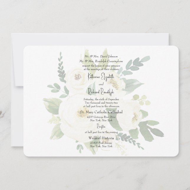 Elegant White Rose Watercolor Wedding Rounded Invitation (Front)