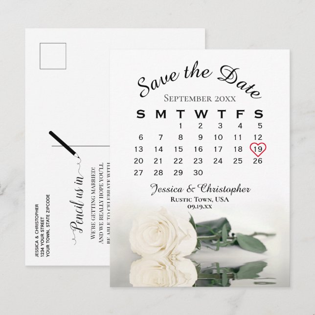 Elegant White Rose Wedding Calendar Save the Date Announcement Postcard (Front/Back)