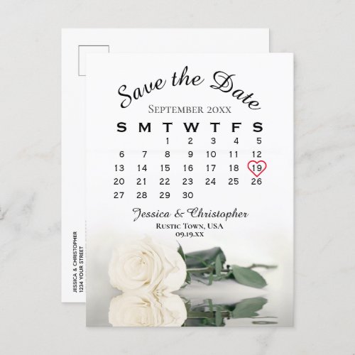 Elegant White Rose Wedding Calendar Save the Date Announcement Postcard