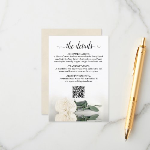 Elegant White Rose Wedding Details QR Code Enclosure Card