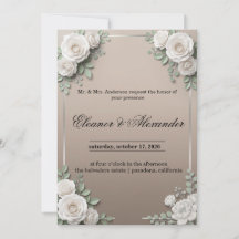 Elegant White Rose Wedding Invitation with Silver