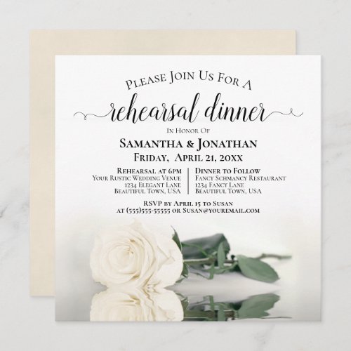 Elegant White Rose Wedding Rehearsal  Dinner Invitation
