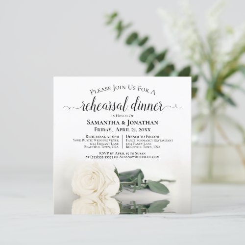 Elegant White Rose Wedding Rehearsal  Dinner Invitation