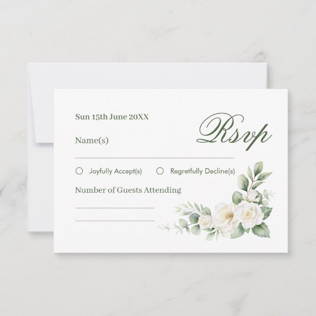 Elegant White Rose Wedding RSVP Card (Front)