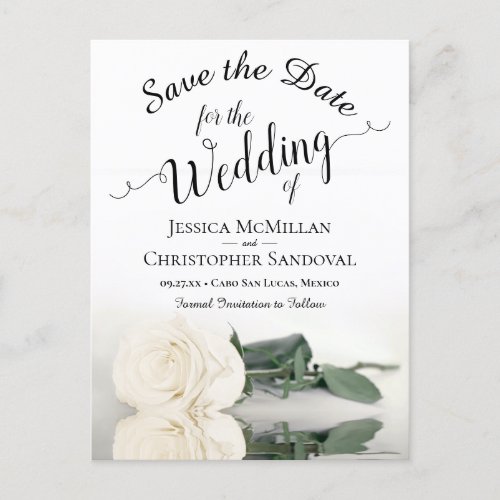 Elegant White Rose Wedding Save the Date Announcement Postcard
