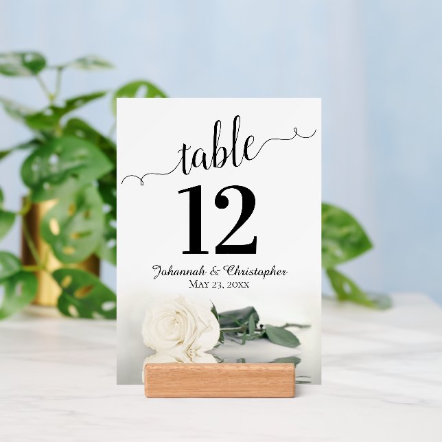 Elegant White Rose Wedding Table Number with Holder (Insitu 3)