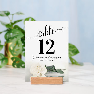 Elegant White Rose Wedding Table Number with Holder