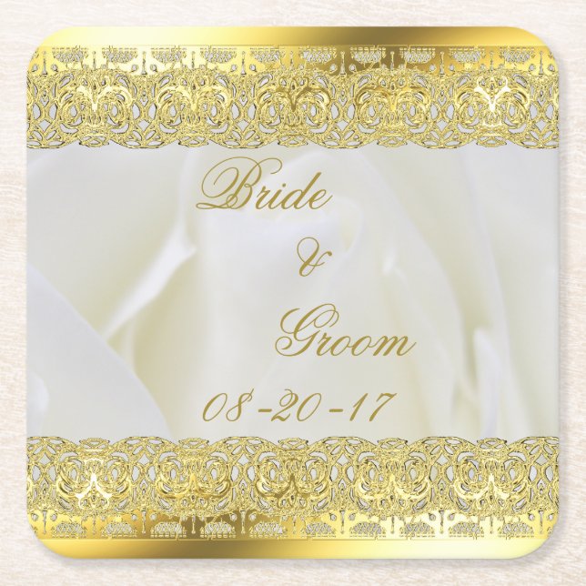 Elegant White Rose with Gold Lace Square Paper Coaster (Front)