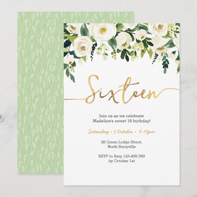 Elegant White Roses 16th Birthday Invitation (Front/Back)