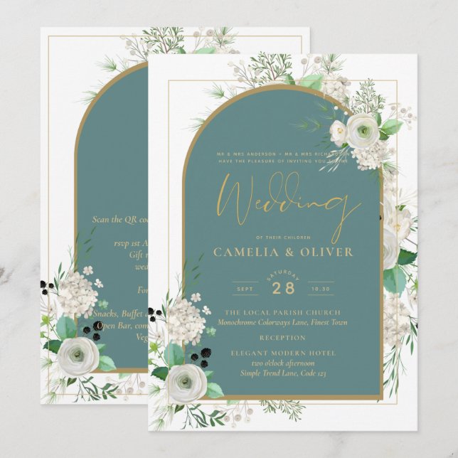 Elegant White Roses All-in-1 Wedding Invite RSVP (Front/Back)