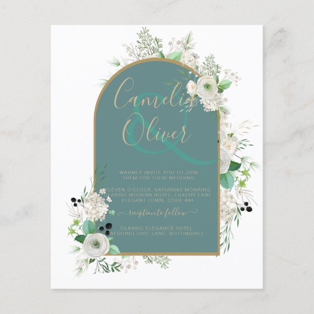 Elegant White Roses All-in-1 Wedding Invite RSVP Flyer (Front)