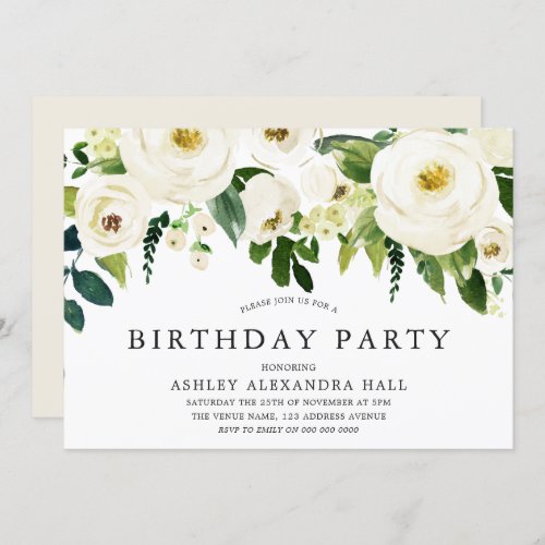 Elegant White Roses All Years Birthday Party Invitation