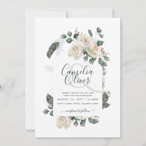 Elegant White Roses Ampersand Floral Arch Wedding  Invitation