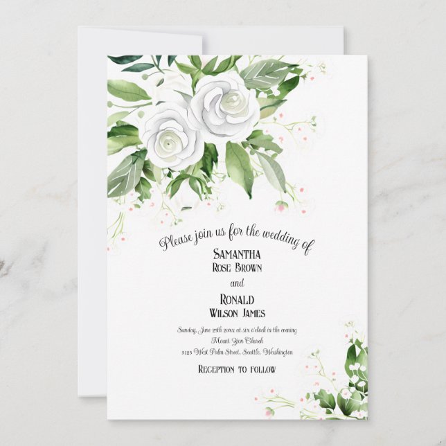 Elegant White Roses and Baby's Breath Wedding Invitation (Front)