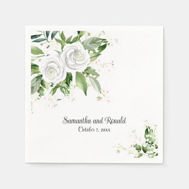 Elegant White Roses and Baby's Breath Wedding Napkins (Front)