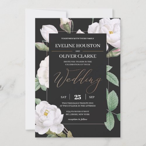 Elegant white roses and black background floral invitation