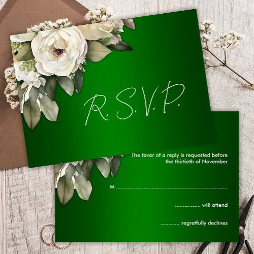 Elegant White Roses and Emerald Green RSVP