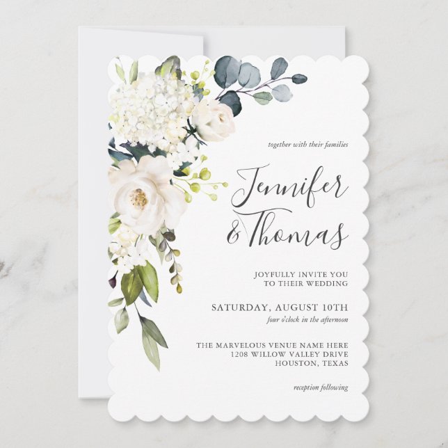 Elegant White Roses and Hydrangeas Floral Wedding Invitation (Front)