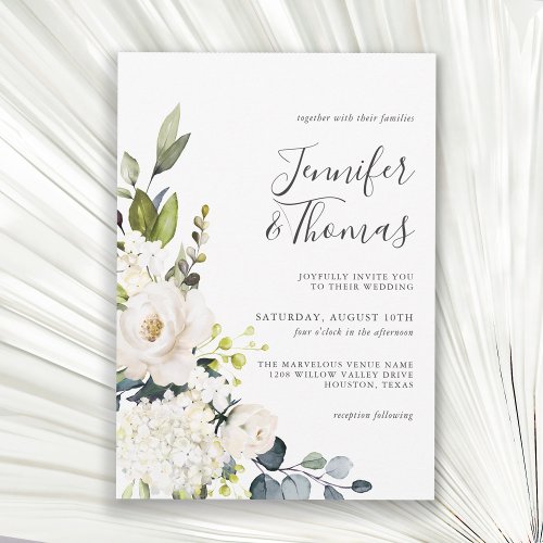 Elegant White Roses and Hydrangeas Floral Wedding Invitation