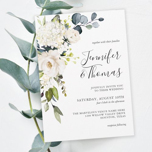 Elegant White Roses and Hydrangeas Floral Wedding Invitation