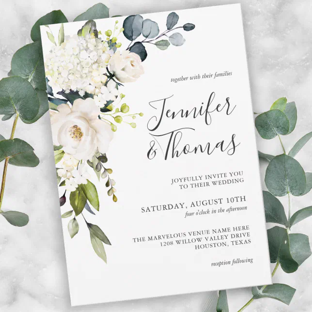 Elegant White Roses and Hydrangeas Floral Wedding Invitation | Zazzle