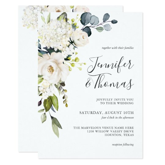 Elegant White Roses and Hydrangeas Floral Wedding Invitation | Zazzle.com