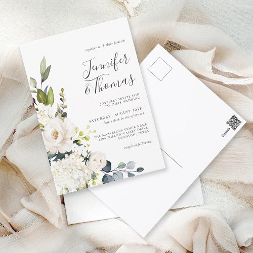 Elegant White Roses and Hydrangeas Wedding Postcard