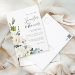 Elegant White Roses and Hydrangeas Wedding Postcard<br><div class="desc">With a popular neutral color scheme, this wedding invitation design is conveniently provided on a post card for economical mailing. The magnetic card design features a cascading bouquet of white watercolor florals with trailing greenery. The flowers include roses, hydrangeas and matching mixed florals for a lovely effect. The text pairings...</div>