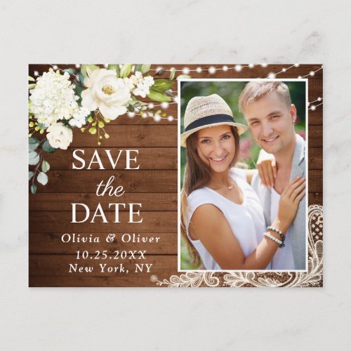 Elegant White Roses and Lace Rustic Save the Date Postcard