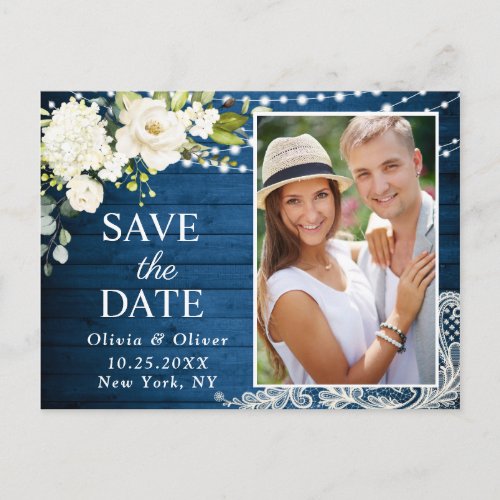 Elegant White Roses and Lace Rustic Save the Date Postcard