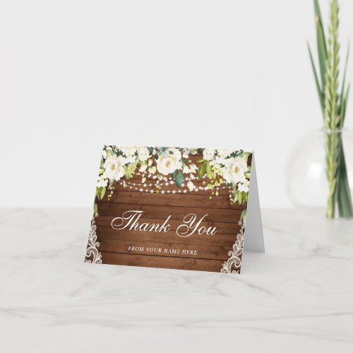 Elegant White Roses and Lace Rustic Wood Thank You Card