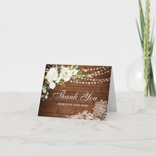 Elegant White Roses and Lace Rustic Wood Thank You Card