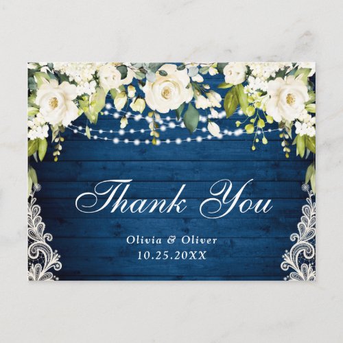 Elegant White Roses and Lace Rustic Wood Thank You Postcard
