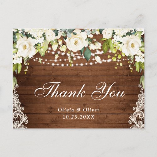 Elegant White Roses and Lace Rustic Wood Thank You Postcard