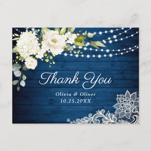 Elegant White Roses and Lace Rustic Wood Thank You Postcard