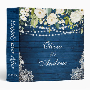 Elegant White Roses and Lace Rustic Wood Wedding 3 Ring Binder