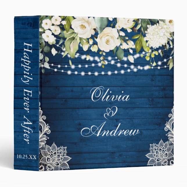 Elegant White Roses and Lace Rustic Wood Wedding 3 Ring Binder (Front/Spine)
