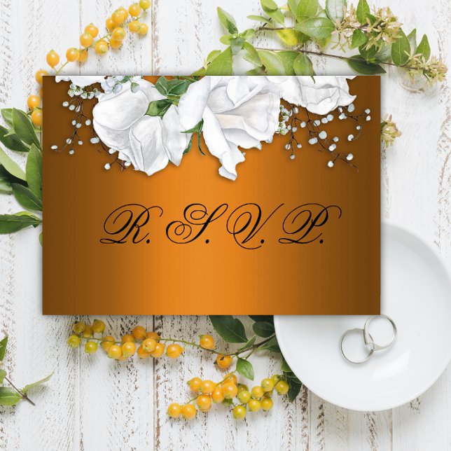 Elegant White Roses and Metallic Orange Wedding RSVP Card (Creator Uploaded)