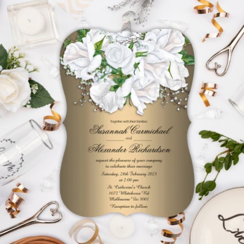 Elegant White Roses and Pale Bronze Floral Wedding Invitation