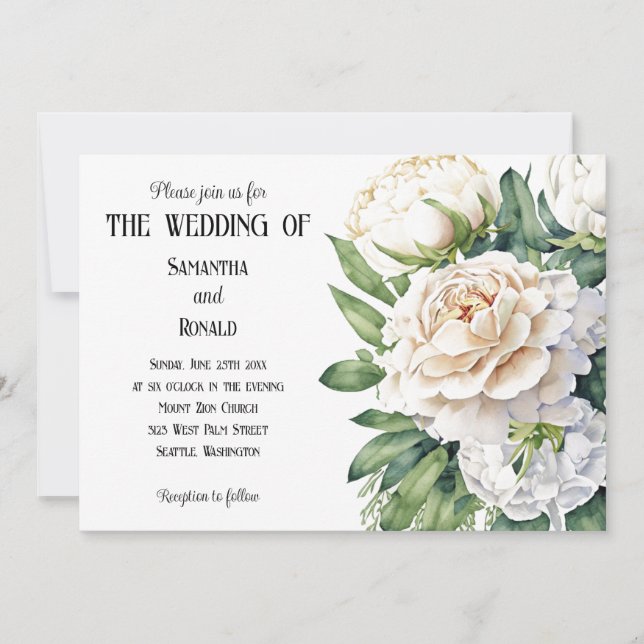 Elegant White Roses and Peonies Wedding Invitation (Front)
