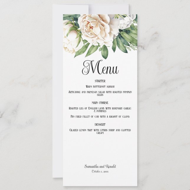 Elegant White Roses and Peonies Wedding Menu Card (Front)