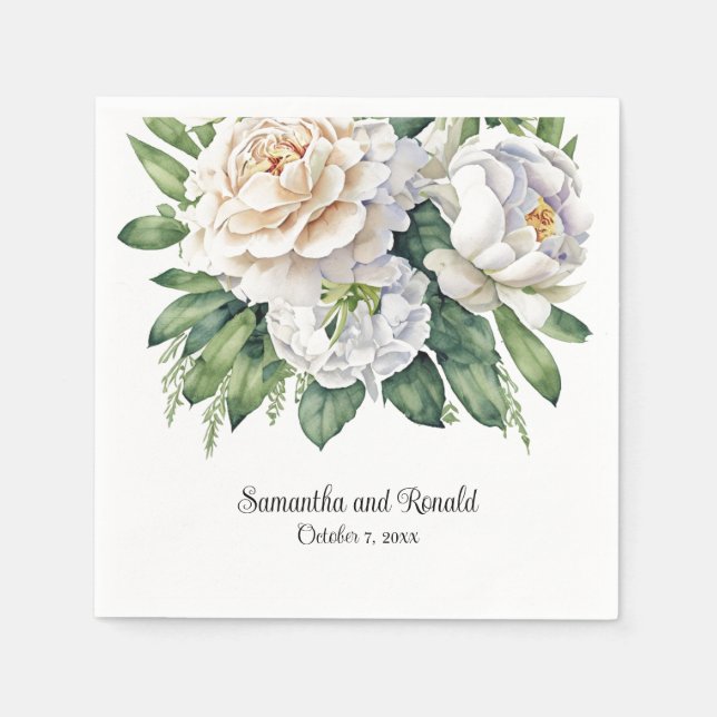 Elegant White Roses and Peonies Wedding Napkins (Front)