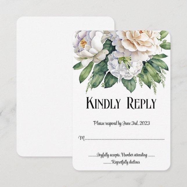 Elegant White Roses and Peonies Wedding RSVP (Front/Back)