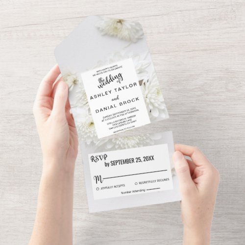 Elegant white roses blossoms floral summer Wedding All In One Invitation