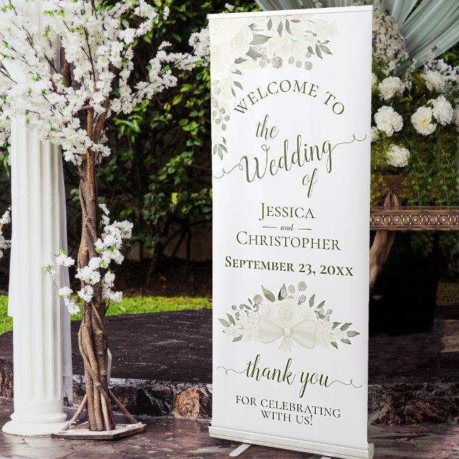Elegant White Roses & Blossoms Wedding Welcome Retractable Banner (Creator Uploaded)