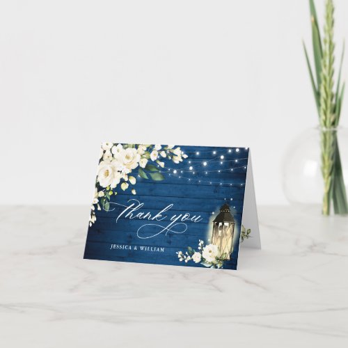 Elegant White Roses Blue Wood Lantern Thank You Card