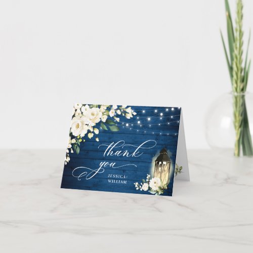 Elegant White Roses Blue Wood Lantern Thank You Card