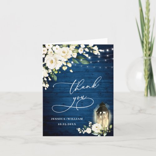 Elegant White Roses Blue Wood Lantern Thank You Card