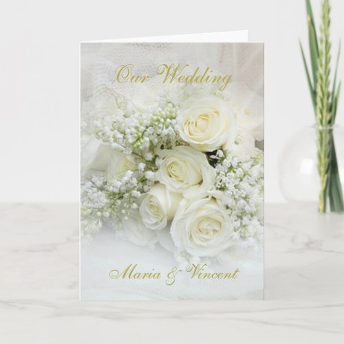 Elegant white roses bouquet Wedding Card